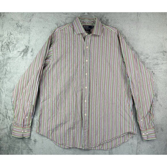 Polo Ralph Lauren Shirt Men's XL 17 Green Blue Vertical Striped Long Sleeve - Picture 1 of 7
